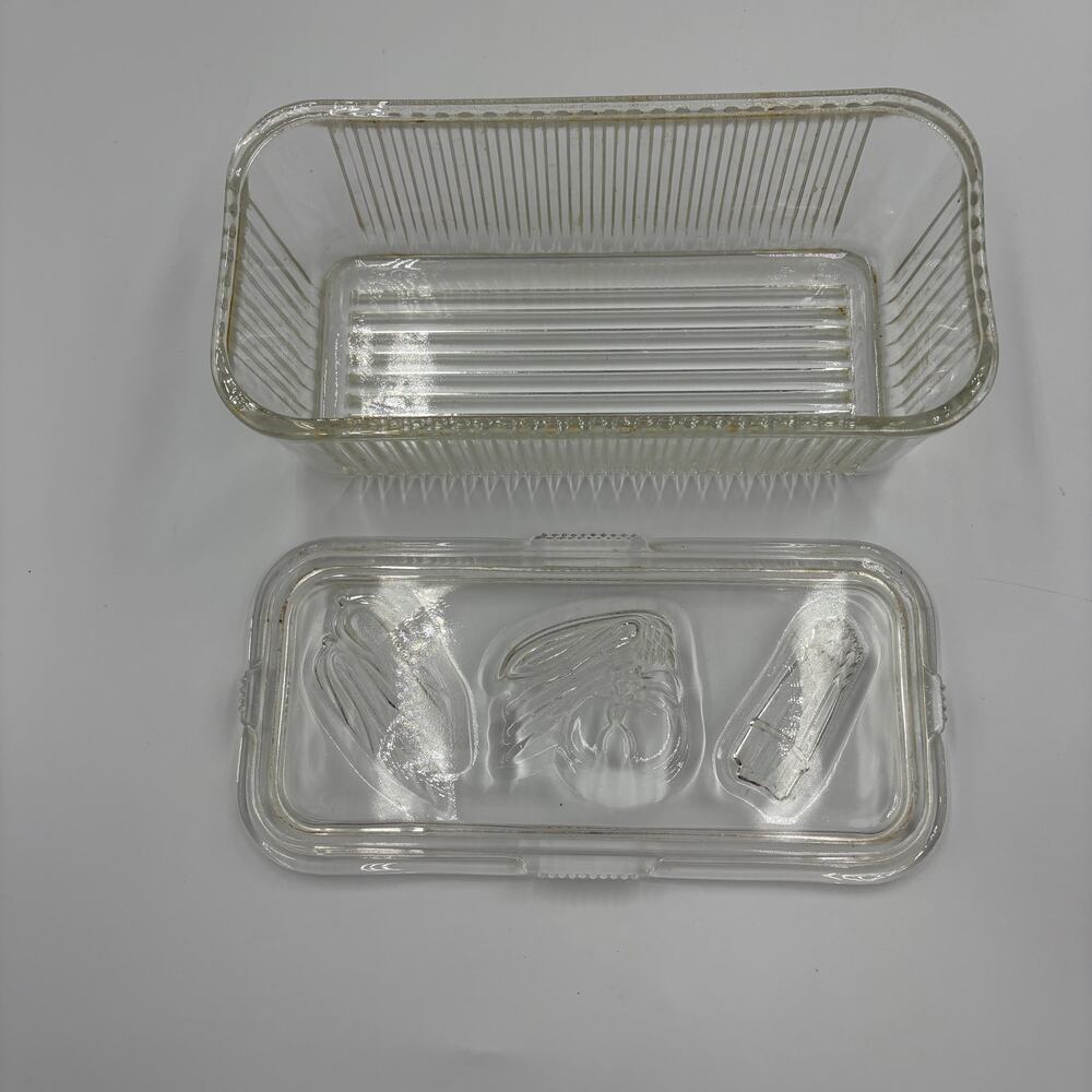 Vintage Federal Glass Refrigerator Dish Loaf Pan Vegetable Lid Clear Ribbed